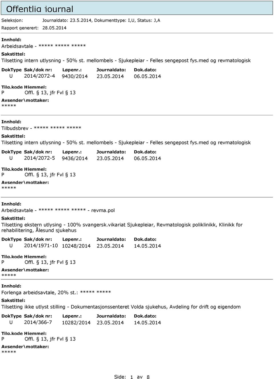 mellombels - Sjukepleiar - Felles sengepost fys.med og revmatologisk 2014/2072-5 9436/2014 06.05.2014 Arbeidsavtale - - revma.pol Tilsetting ekstern utlysing - 100% svangersk.