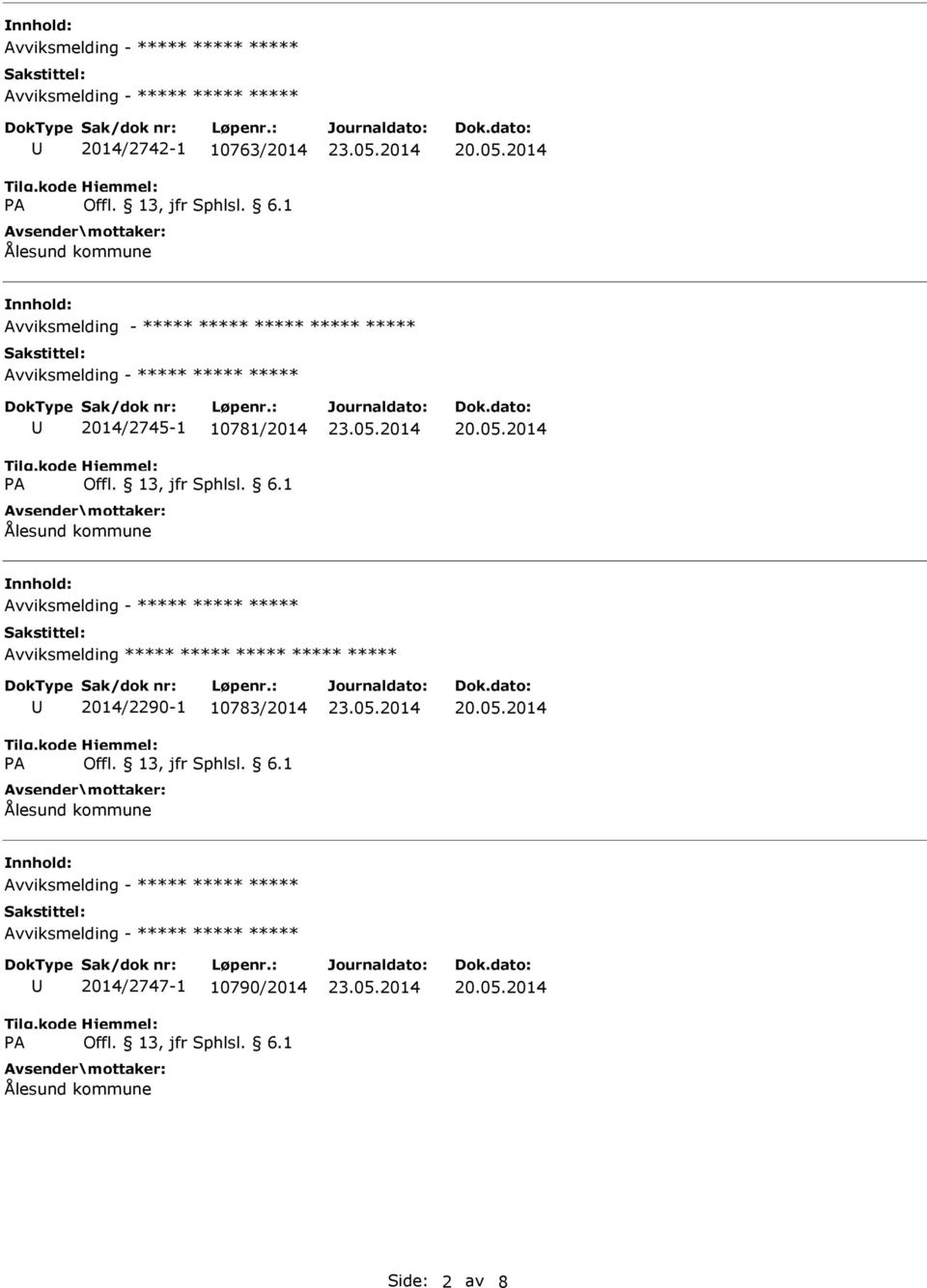 Avviksmelding - Avviksmelding 2014/2290-1 10783/2014