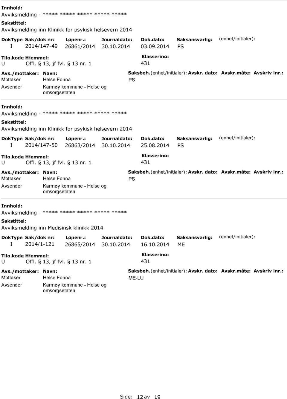 2014 Avviksmelding inn Klinikk for psykisk helsevern 2014