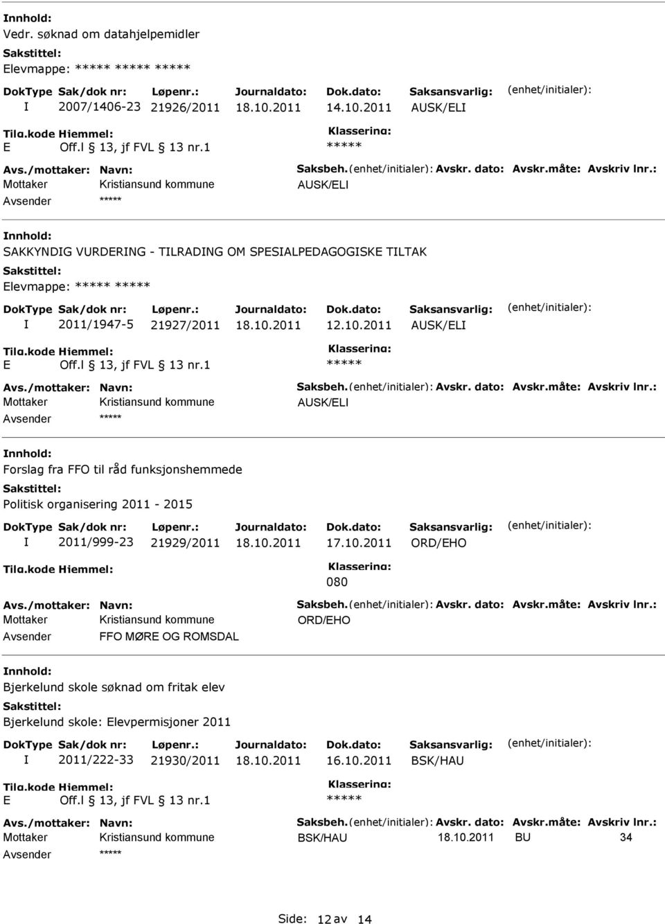 : Mottaker ASK/L Forslag fra FFO til råd funksjonshemmede Politisk organisering 2011-2015 2011/999-23 21929/2011 ORD/HO 080 Avs./mottaker: Navn: Saksbeh. Avskr. dato: Avskr.måte: Avskriv lnr.