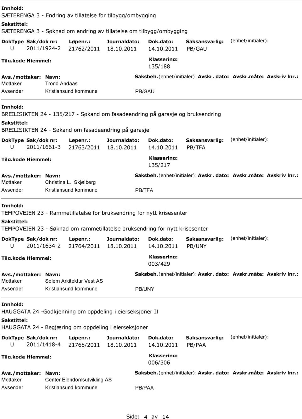 : Mottaker Trond Andaas PB/GA BRLSKTN 24-135/217 - Søkand om fasadeendring på garasje og bruksendring BRLSKTN 24 - Søkand om fasadeendring på garasje 2011/1661-3 21763/2011 PB/TFA 135/217 Avs.