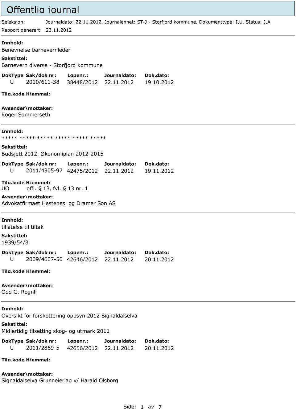 Økonomiplan 2012-2015 O 2011/4305-97 42475/2012 19.11.2012 Advokatfirmaet Hestenes og Dramer Son AS tillatelse til tiltak 1939/54/8 2009/4607-50 42646/2012 Odd G.