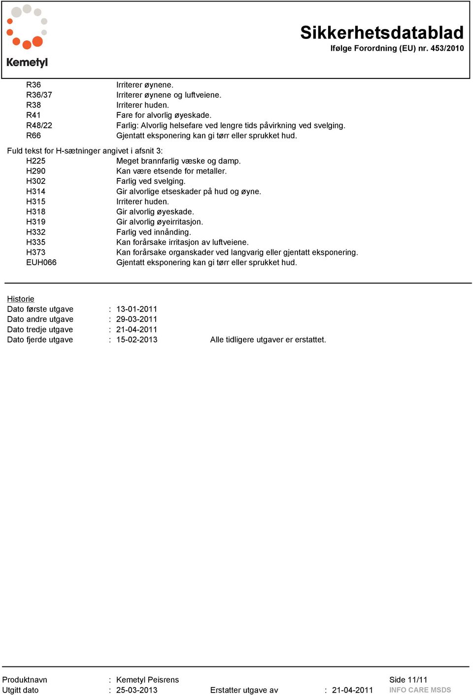 H302 Farlig ved svelging. H314 Gir alvorlige etseskader på hud og øyne. H315 Irriterer huden. H318 Gir alvorlig øyeskade. H319 Gir alvorlig øyeirritasjon. H332 Farlig ved innånding.