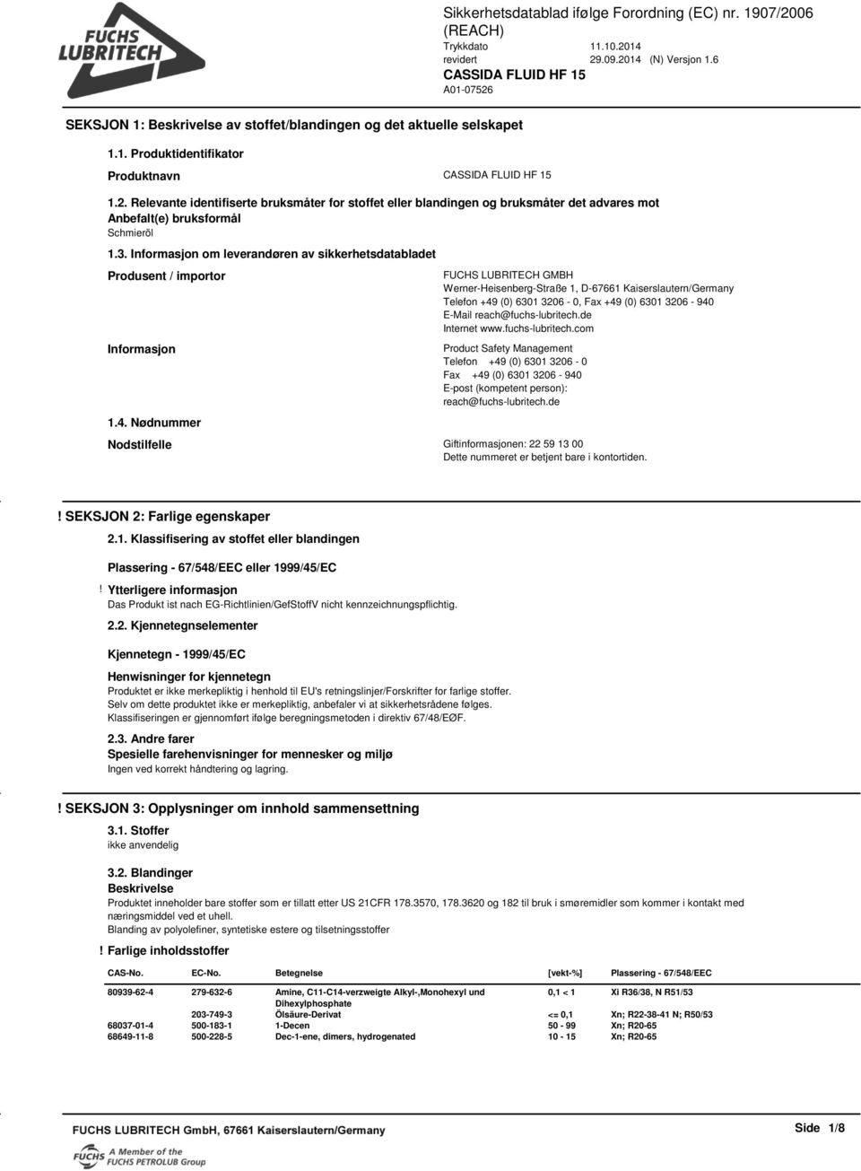 Informasjon om leverandøren av sikkerhetsdatabladet Produsent / importor Informasjon 1.4.