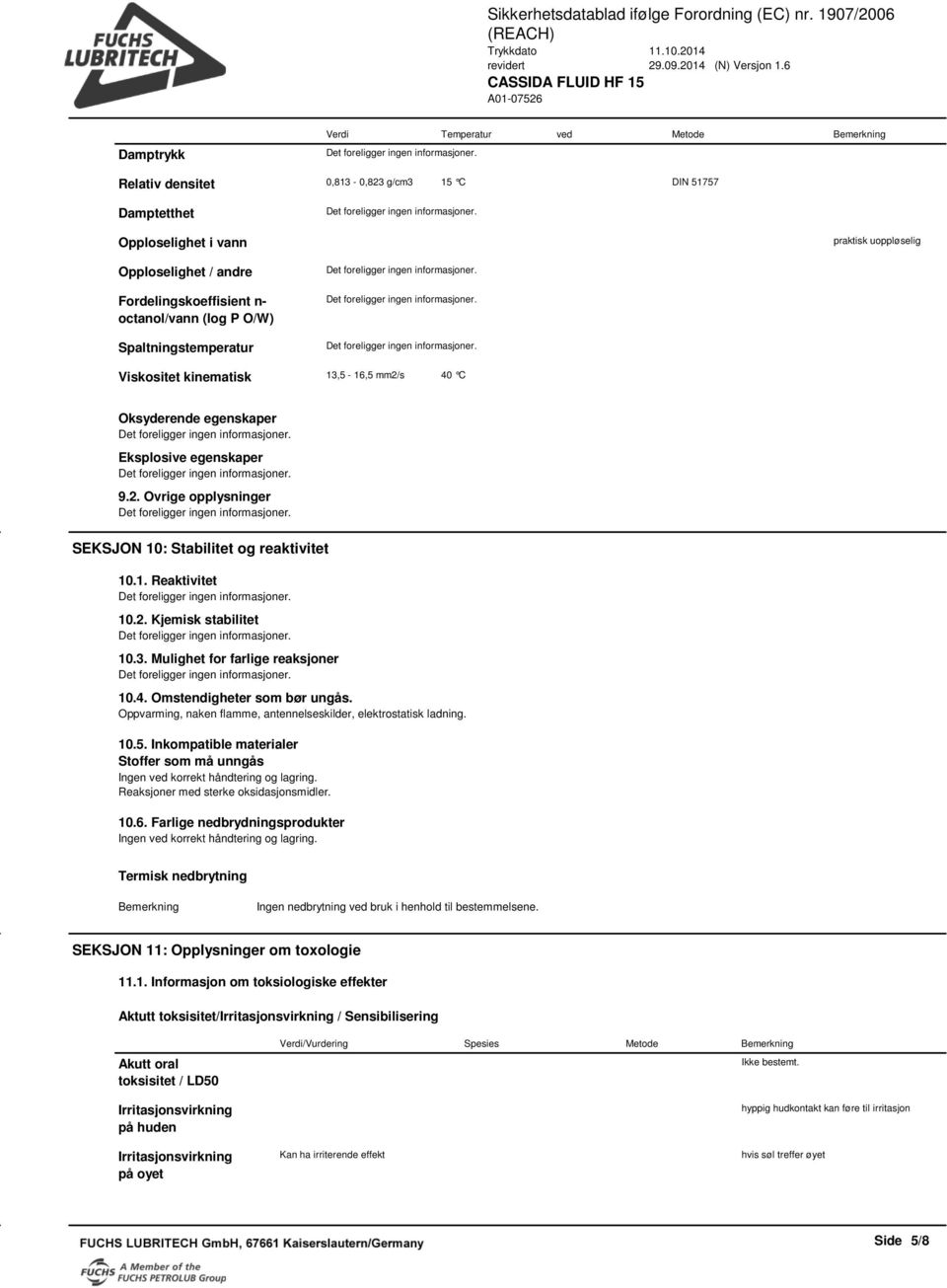 1. Reaktivitet 10.2. Kjemisk stabilitet 10.3. Mulighet for farlige reaksjoner 10.4. Omstendigheter som bør ungås. Oppvarming, naken flamme, antennelseskilder, elektrostatisk ladning. 10.5.