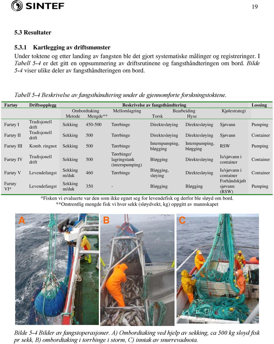 Tabell 5-4 Beskrivelse av fangsthåndtering under de gjennomførte forskningstoktene.