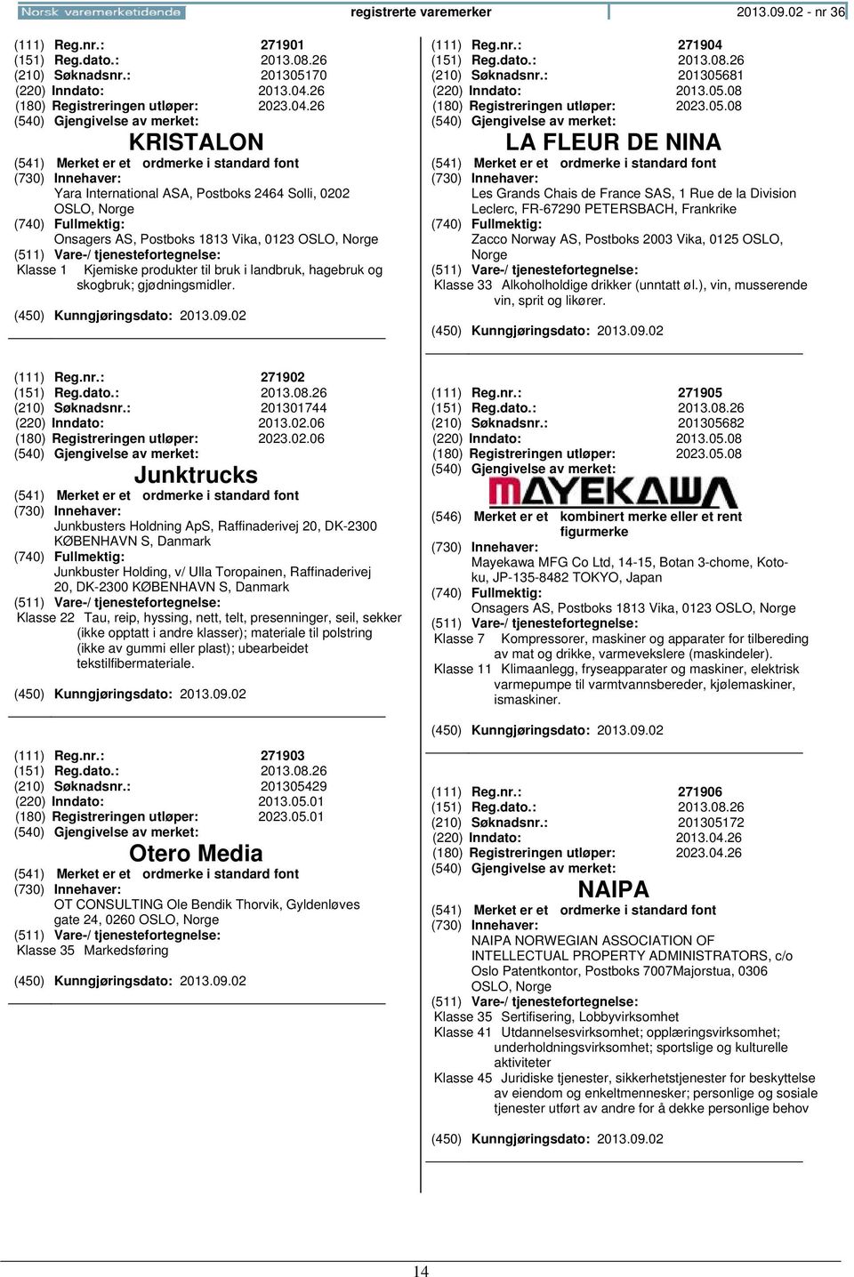 26 KRISTALON Yara International ASA, Postboks 2464 Solli, 0202 OSLO, Onsagers AS, Postboks 1813 Vika, 0123 OSLO, Klasse 1 Kjemiske produkter til bruk i landbruk, hagebruk og skogbruk; gjødningsmidler.