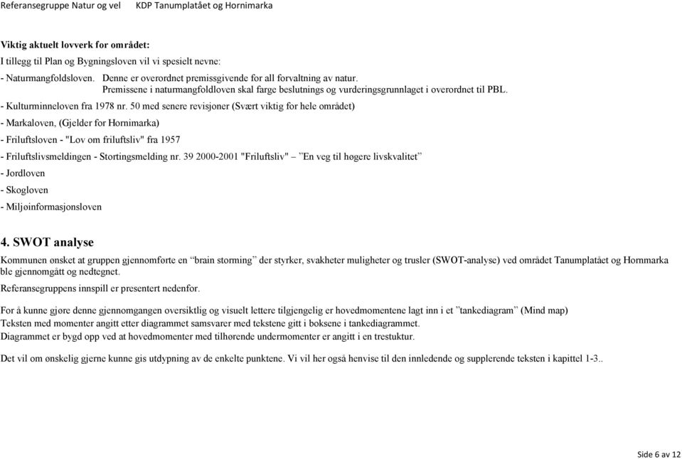 50 med senere revisjoner (Svært viktig for hele området) - Markaloven, (Gjelder for Hornimarka) - Friluftsloven - "Lov om friluftsliv" fra 1957 - Friluftslivsmeldingen - Stortingsmelding nr.