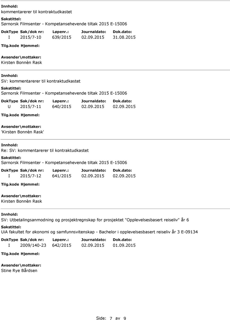 Sørnorsk Filmsenter - Kompetansehevende tiltak 2015 E-15006 2015/7-12 641/2015 Kirsten Bonnèn Rask SV: tbetalingsanmodning og prosjektregnskap for prosjektet