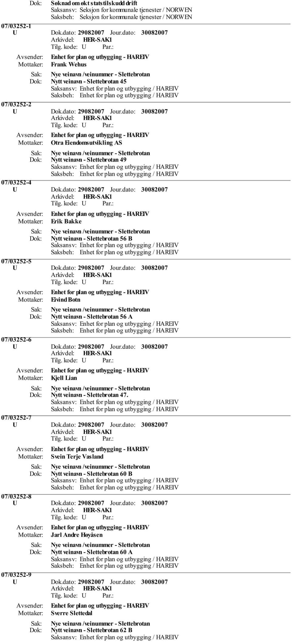 Nytt veinavn - Slettebrotan 56 B 07/03252-5 Eivind Botn Nye veinavn /veinummer - Slettebrotan Nytt veinavn - Slettebrotan 56 A 07/03252-6 Kjell Lian Nye veinavn /veinummer - Slettebrotan Nytt veinavn