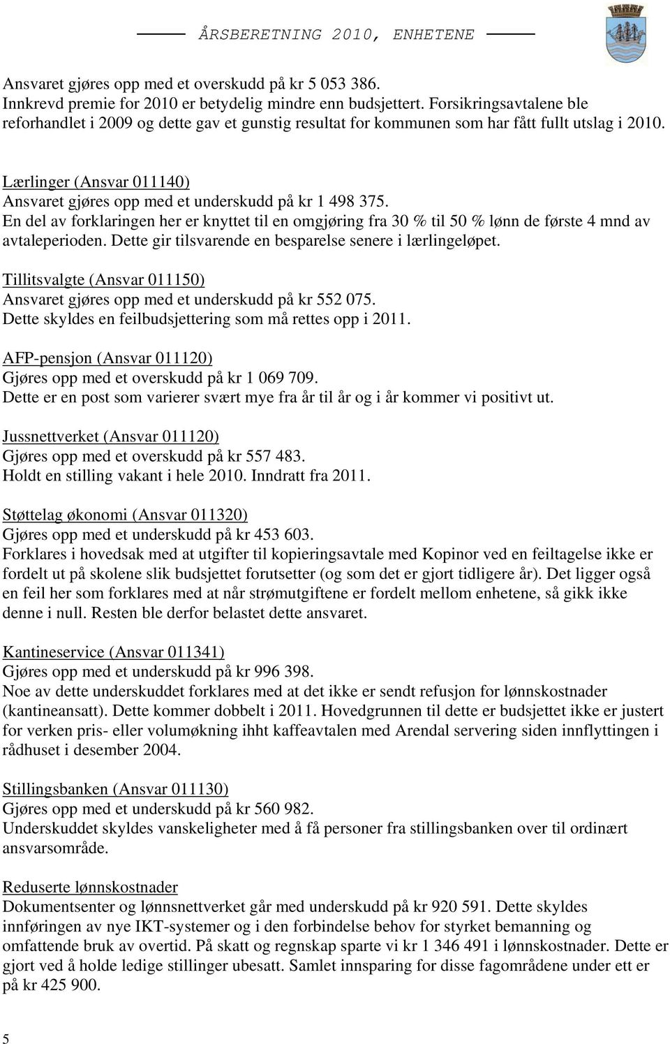 Lærlinger (Ansvar 011140) Ansvaret gjøres opp med et underskudd på kr 1 498 375. En del av forklaringen her er knyttet til en omgjøring fra 30 % til 50 % lønn de første 4 mnd av avtaleperioden.