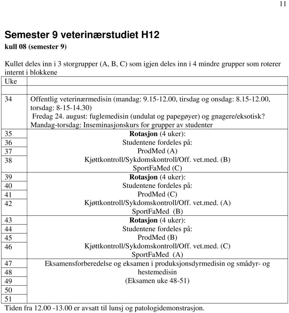 Mandag-torsdag: Inseminasjonskurs for grupper av studenter 35 36 37 38 39 40 41 42 43 44 45 46 47 48 49 50 51 Rotasjon (4 uker): Studentene fordeles på: ProdMed (A) Kjøttkontroll/Sykdomskontroll/Off.