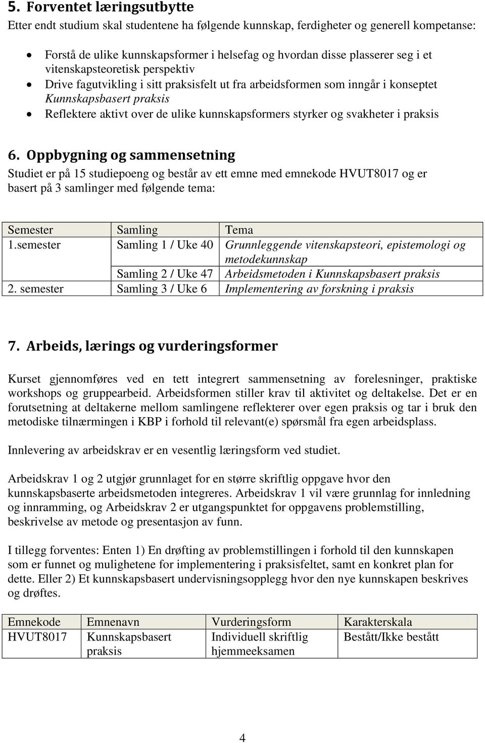 svakheter i praksis 6. Oppbygning og sammensetning Studiet er på 15 studiepoeng og består av ett emne med emnekode HVUT8017 og er basert på 3 samlinger med følgende tema: Semester Samling Tema 1.