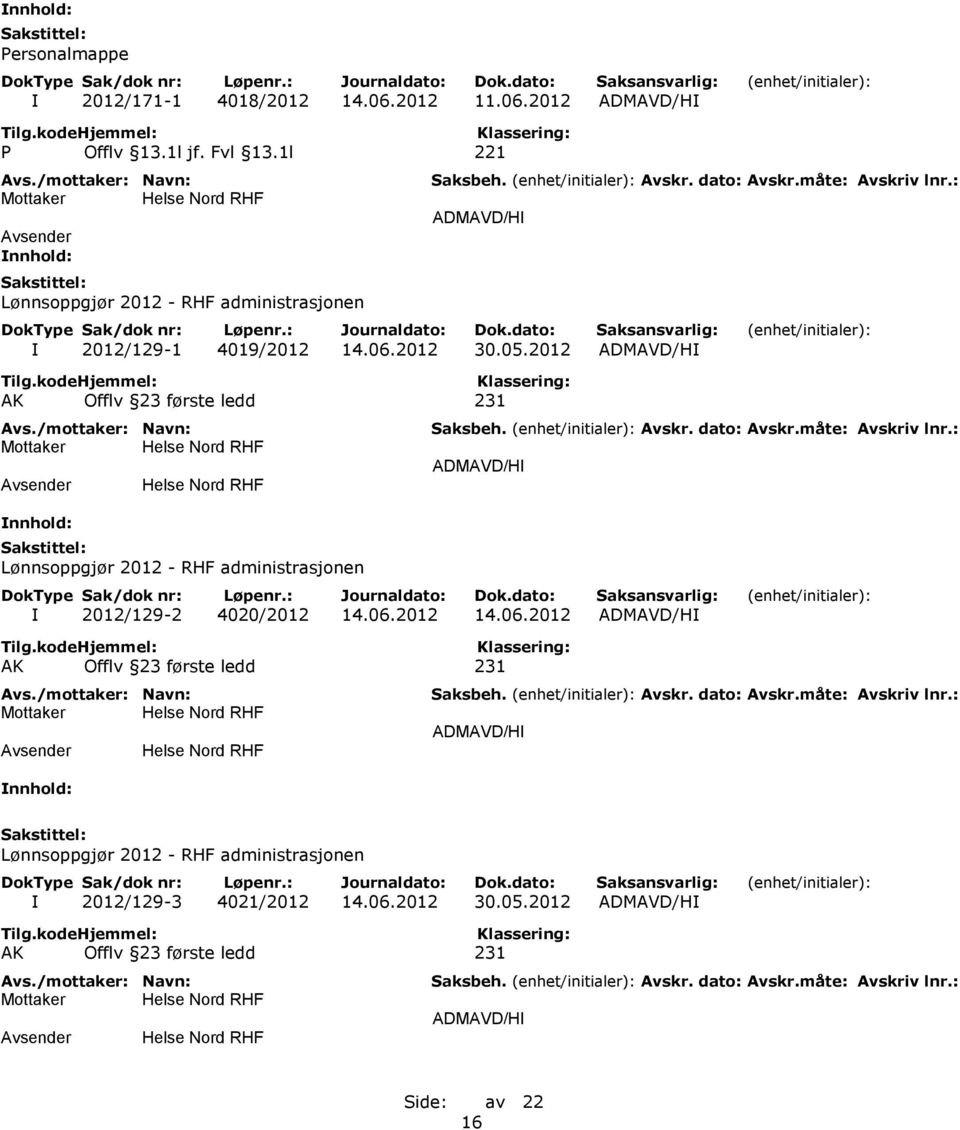 2012 ADMAVD/HI AK Offlv 23 første ledd 231 Lønnsoppgjør 2012 - RHF administrasjonen ADMAVD/HI I 2012/129-2 4020/2012 14.06.