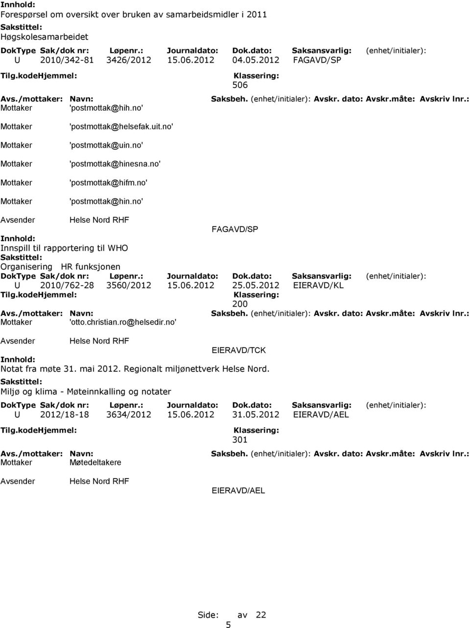 sna.no' 'postmottak@hifm.no' 'postmottak@hin.no' Innspill til rapportering til WHO Organisering HR funksjonen U 2010/762-28 3560/2012 15.06.2012 25.05.