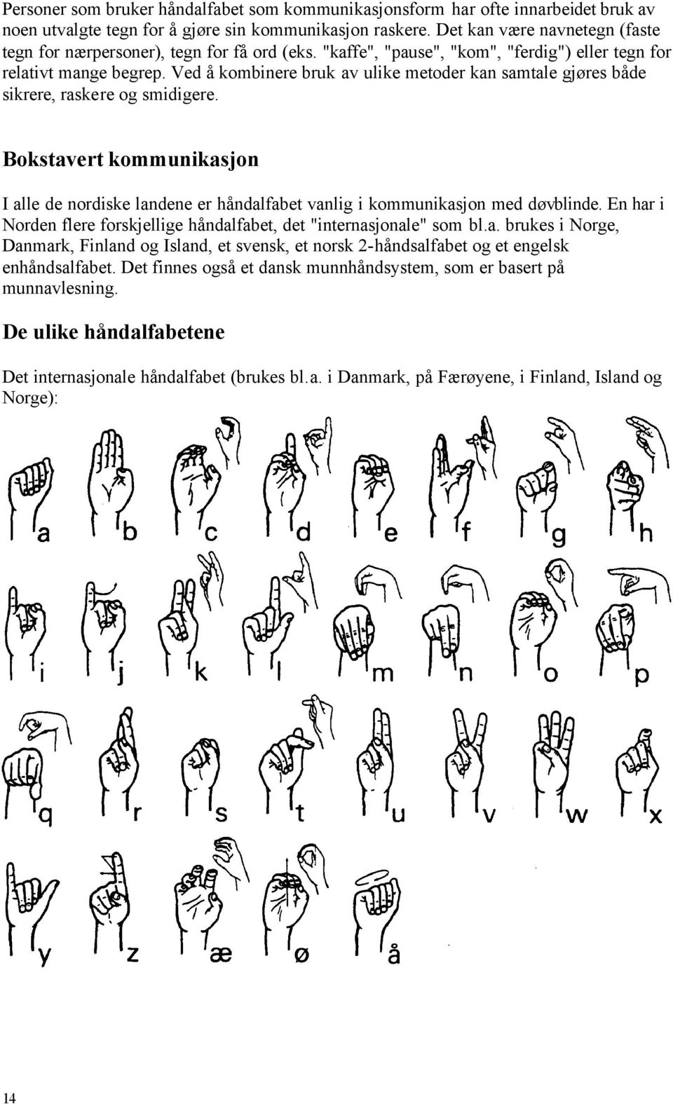 Ved å kombinere bruk av ulike metoder kan samtale gjøres både sikrere, raskere og smidigere. Bokstavert kommunikasjon I alle de nordiske landene er håndalfabet vanlig i kommunikasjon med døvblinde.