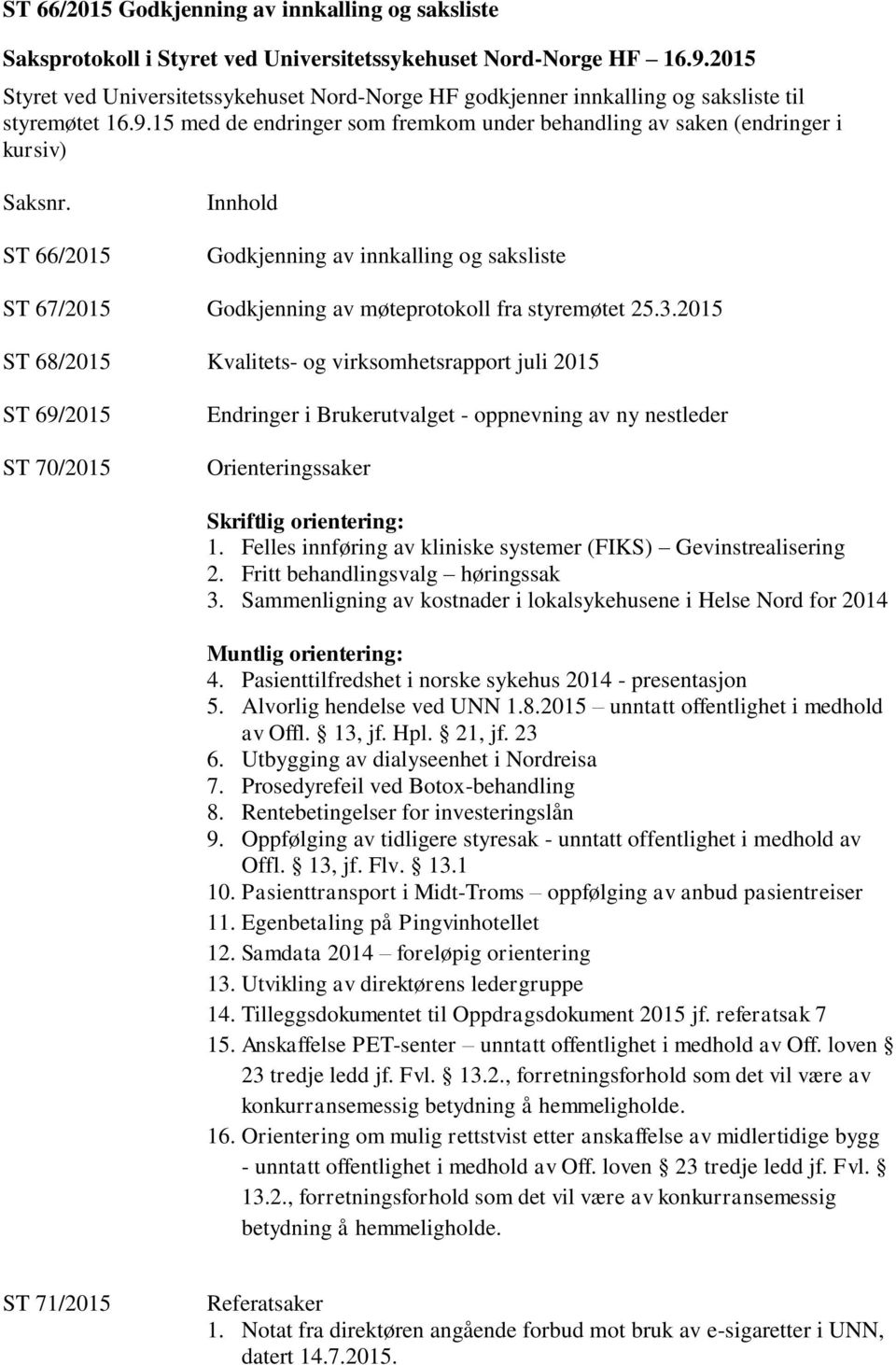 ST 66/2015 Innhold Godkjenning av innkalling og saksliste ST 67/2015 Godkjenning av møteprotokoll fra styremøtet 25.3.