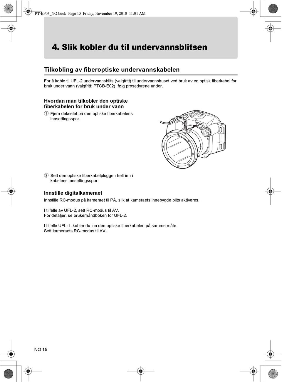 vann (valgfritt: PTCB-E02), følg prosedyrene under. Hvordan man tilkobler den optiske fiberkabelen for bruk under vann 1 Fjern dekselet på den optiske fiberkabelens innsettingsspor.