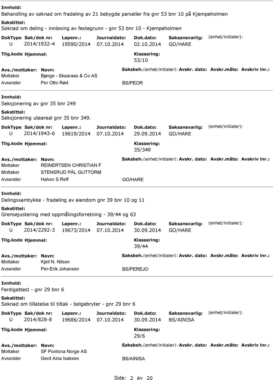 - Kjempeholmen 2014/1932-4 19590/2014 02.10.2014 GO/HARE 53/10 Mottaker Bjørge - Skaaraas & Co AS Per Otto Rød BS/PEOR Seksjonering av gnr 35 bnr 249 Seksjonering uteareal gnr 35 bnr 349.