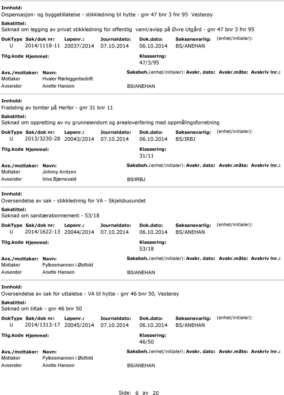 2013/3230-28 20043/2014 BS/RBJ 31/11 Mottaker Johnny Arntzen rina Bjørnevald BS/RBJ Oversendelse av sak - stikkledning for VA - Skjelsbusundet Søknad om sanitærabonnement - 53/18 2014/1622-13