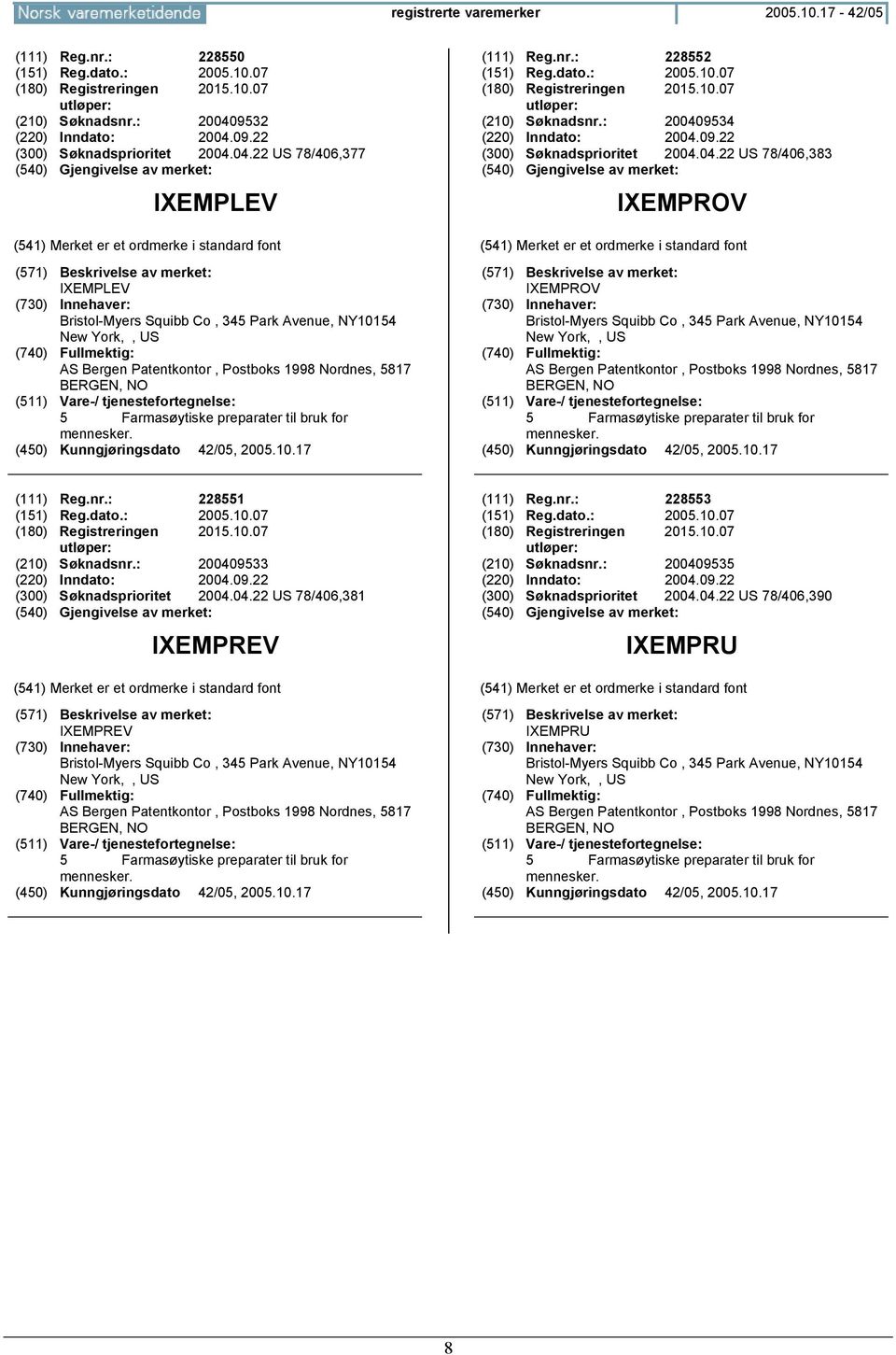 bruk for mennesker. (111) Reg.nr.: 228552 (151) Reg.dato.: 2005.10.07 (180) Registreringen 2015.10.07 (210) Søknadsnr.: 20040