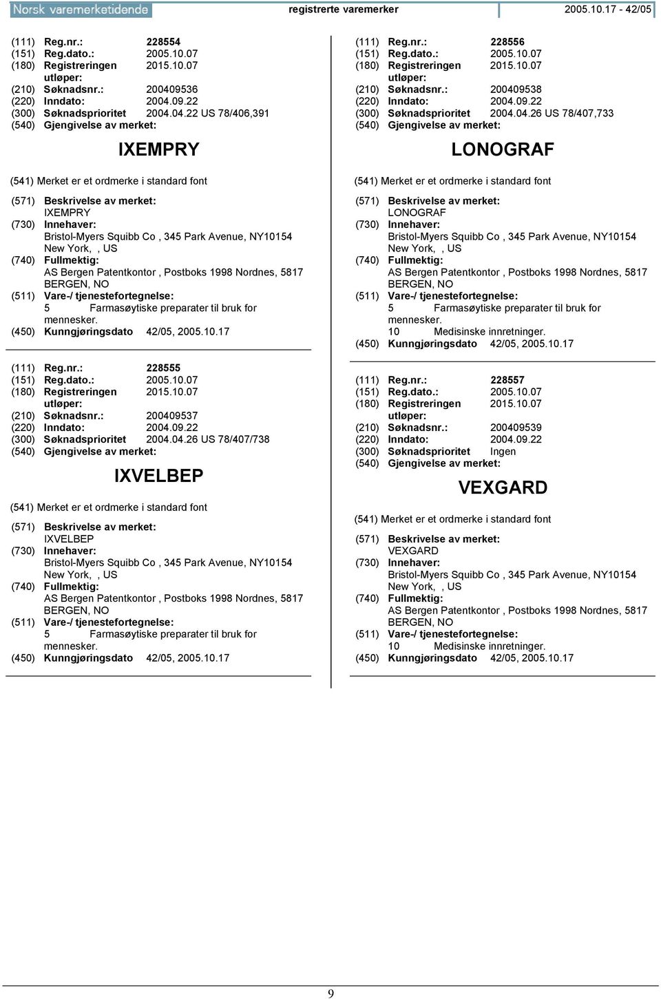 for mennesker. (111) Reg.nr.: 228555 (151) Reg.dato.: 2005.10.07 (180) Registreringen 2015.10.07 (210) Søknadsnr.: 20040