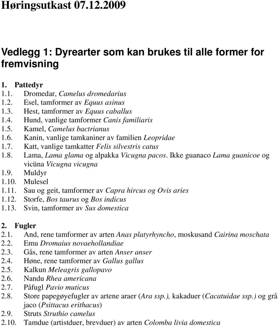 Lama, Lama glama og alpakka Vicugna pacos. Ikke guanaco Lama guanicoe og vicüna Vicugna vicugna 1.9. Muldyr 1.10. Mulesel 1.11. Sau og geit, tamformer av Capra hircus og Ovis aries 1.12.