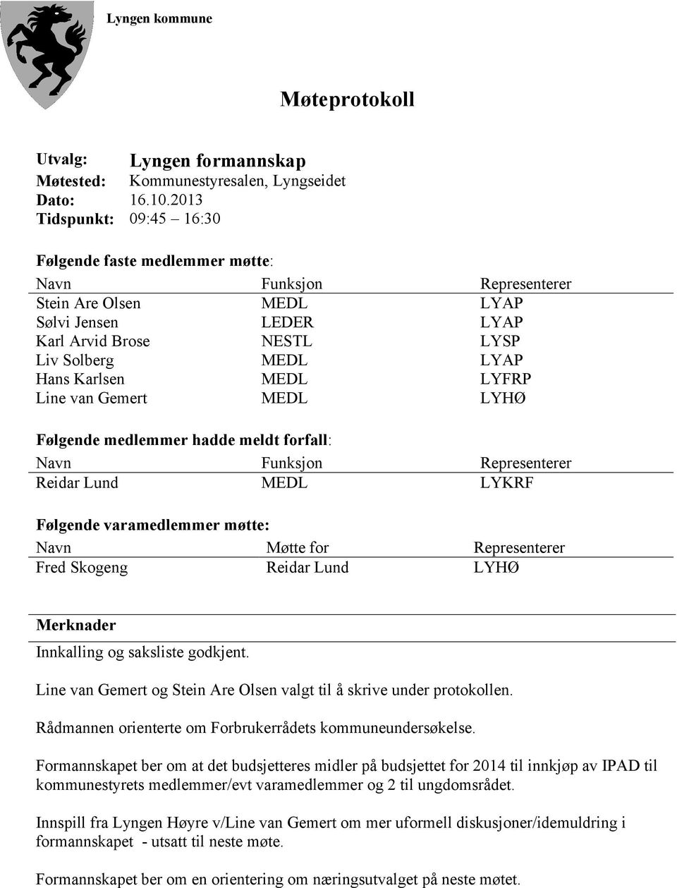 Karlsen MEDL LYFRP Line van Gemert MEDL LYHØ Følgende medlemmer hadde meldt forfall: Navn Funksjon Representerer Reidar Lund MEDL LYKRF Følgende varamedlemmer møtte: Navn Møtte for Representerer Fred