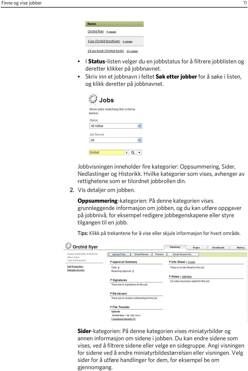 Hvilke kategorier som vises, avhenger av rettighetene som er tilordnet jobbrollen din. 2. Vis detaljer om jobben.