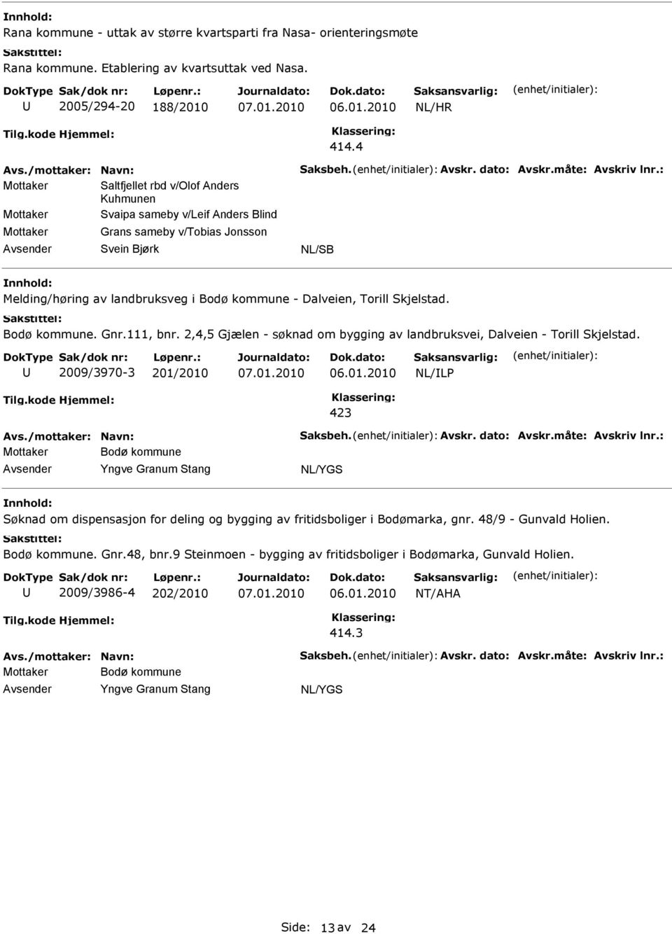 : Mottaker Saltfjellet rbd v/olof Anders Kuhmunen Mottaker Svaipa sameby v/leif Anders Blind Mottaker Grans sameby v/tobias Jonsson Melding/høring av landbruksveg i Bodø kommune - Dalveien, Torill