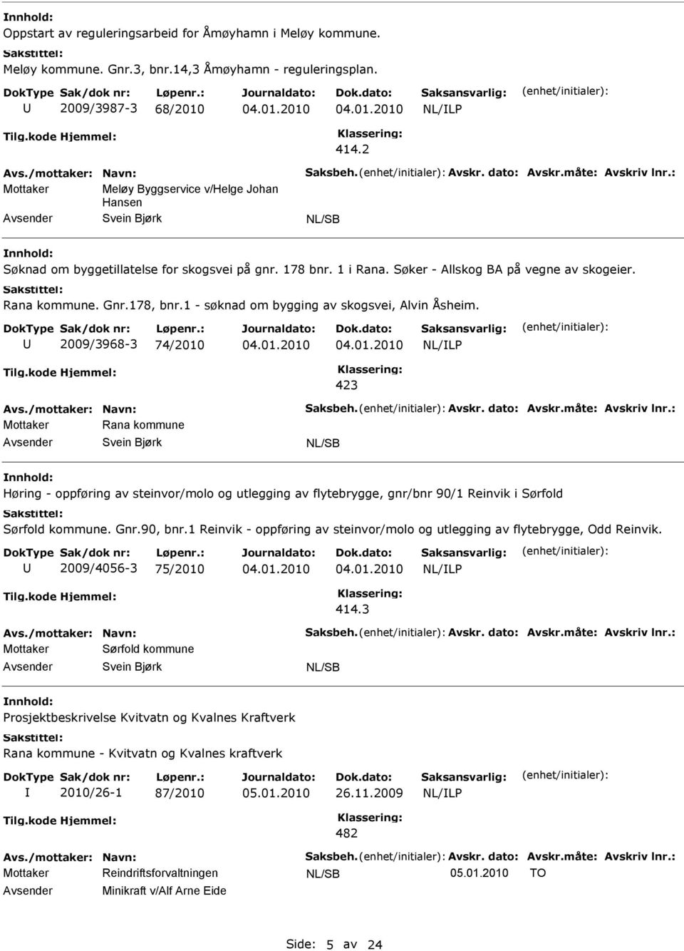 178, bnr.1 - søknad om bygging av skogsvei, Alvin Åsheim. 2009/3968-3 74/2010 423 Avs./mottaker: Navn: Saksbeh. Avskr. dato: Avskr.måte: Avskriv lnr.