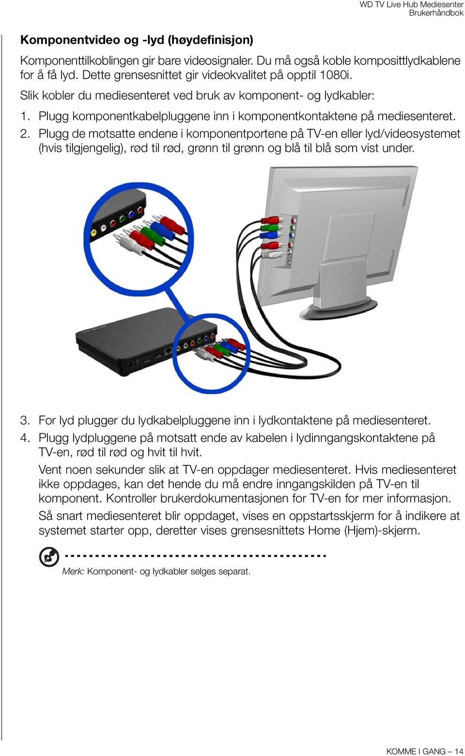 Plugg de motsatte endene i komponentportene på TV-en eller lyd/videosystemet (hvis tilgjengelig), rød til rød, grønn til grønn og blå til blå som vist under. 3.