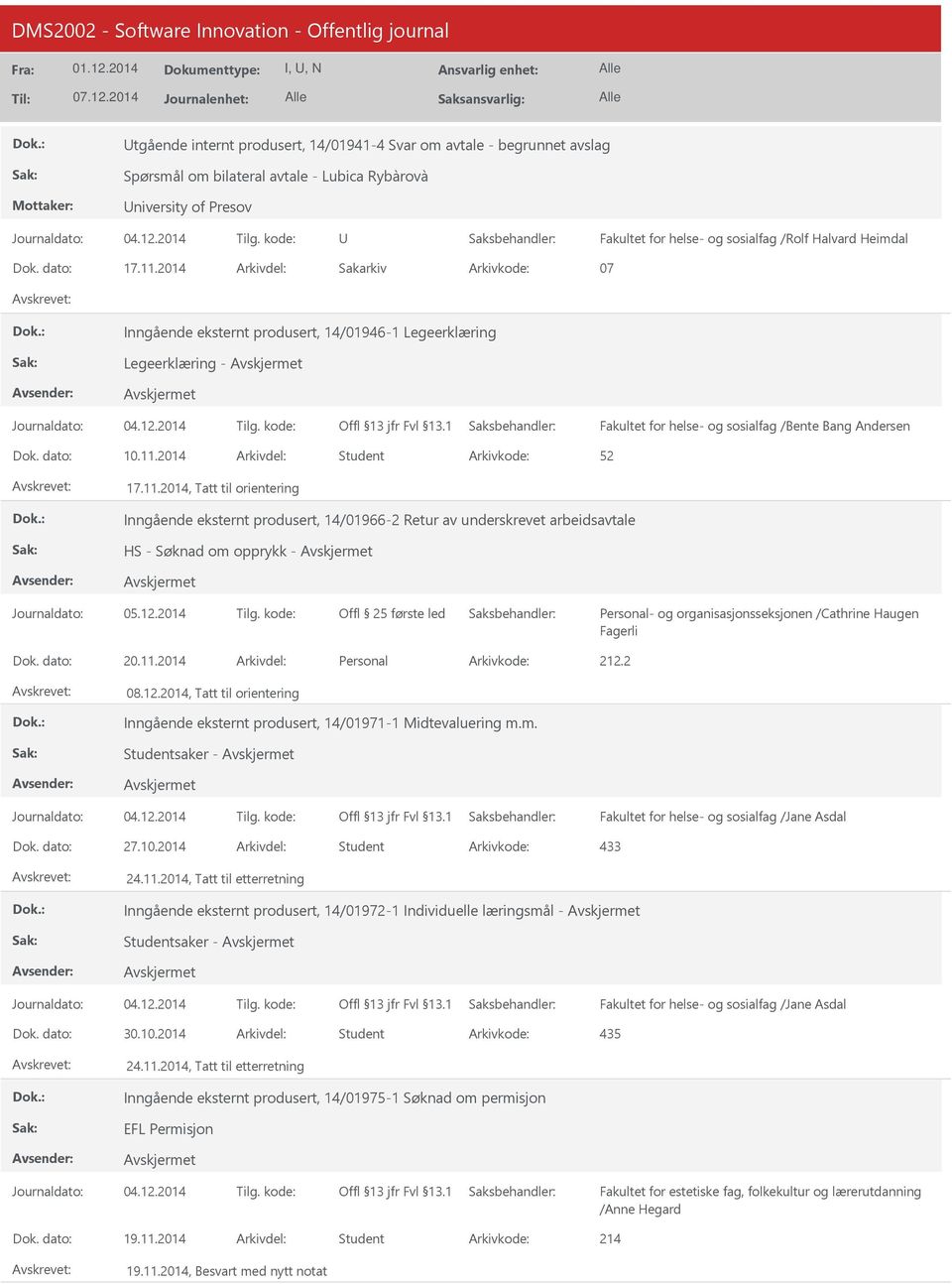 11.2014, Tatt til orientering Inngående eksternt produsert, 14/01966-2 Retur av underskrevet arbeidsavtale HS - Søknad om opprykk - første led Personal- og organisasjonsseksjonen /Cathrine Haugen