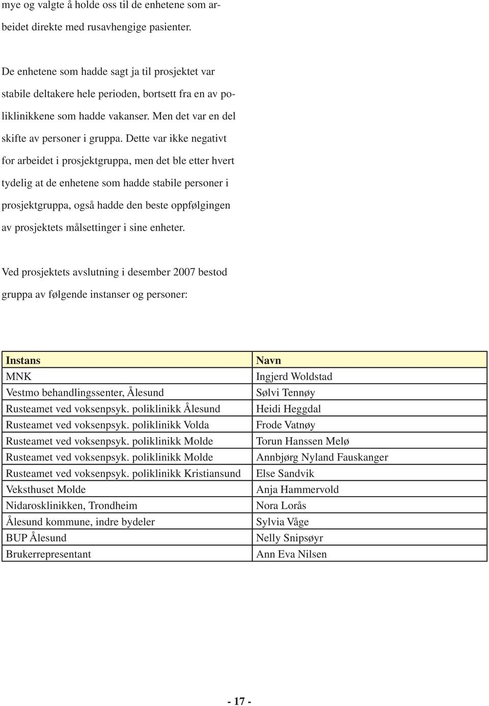 Dette var ikke negativt for arbeidet i prosjektgruppa, men det ble etter hvert tydelig at de enhetene som hadde stabile personer i prosjektgruppa, også hadde den beste oppfølgingen av prosjektets