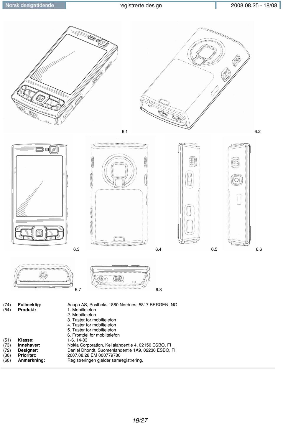 Frontdel for mobiltelefon (51) Klasse: 1-6.