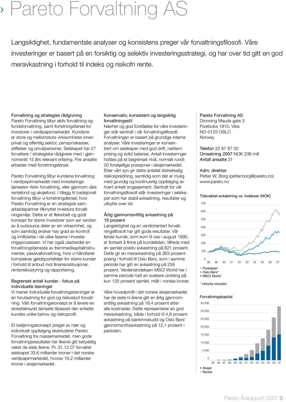 Forvaltning og strategisk rådgivning Pareto Forvaltning tilbyr aktiv forvaltning og fondsforvaltning, samt forretningsførsel for investorer i verdipapirmarkedet.