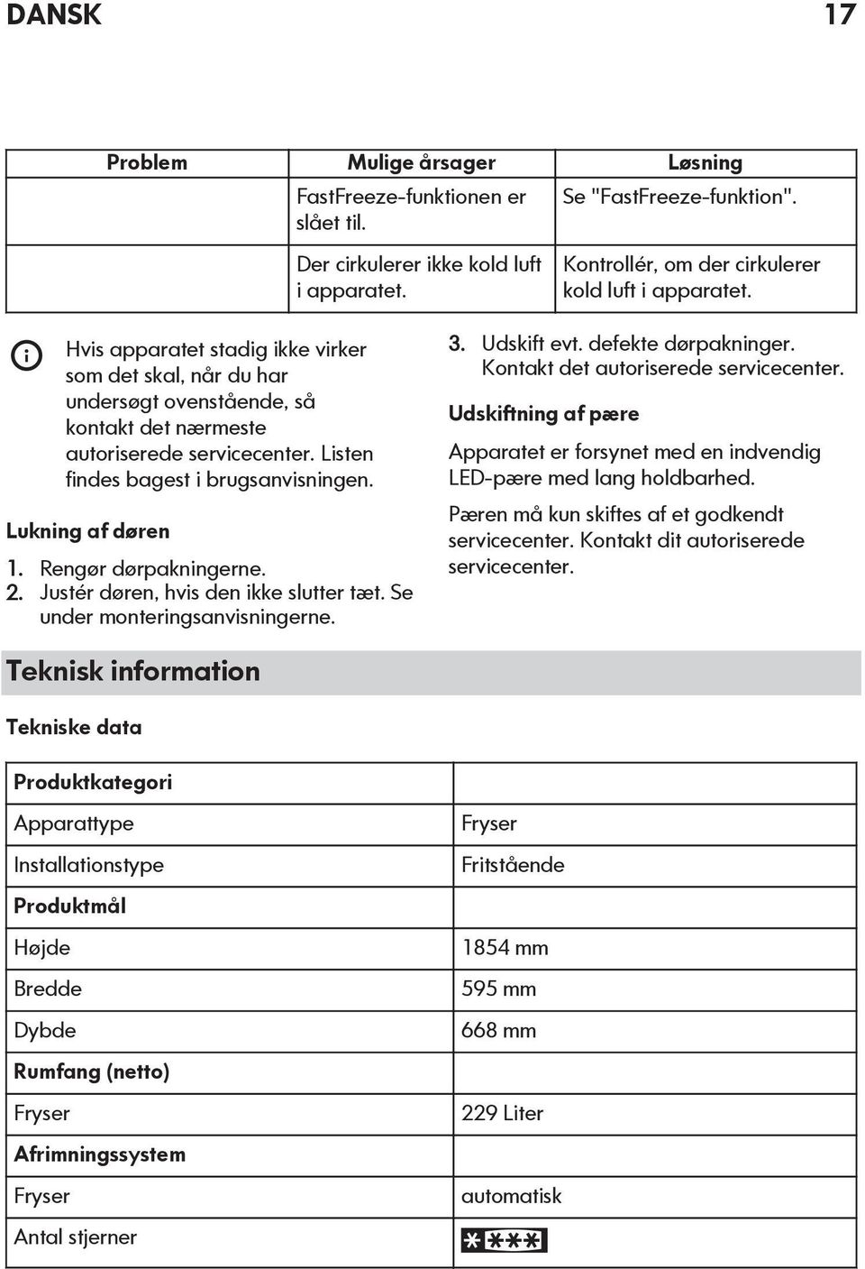 Rengør dørpakningerne. 2. Justér døren, hvis den ikke slutter tæt. Se under monteringsanvisningerne. 3. Udskift evt. defekte dørpakninger. Kontakt det autoriserede servicecenter.