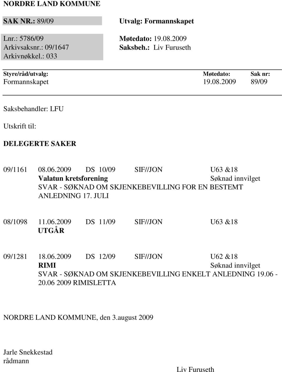 2009 DS 10/09 SIF//JON U63 &18 Valatun kretsforening Søknad innvilget SVAR - SØKNAD OM SKJENKEBEVILLING FOR EN BESTEMT ANLEDNING 17. JULI 08/1098 11.06.