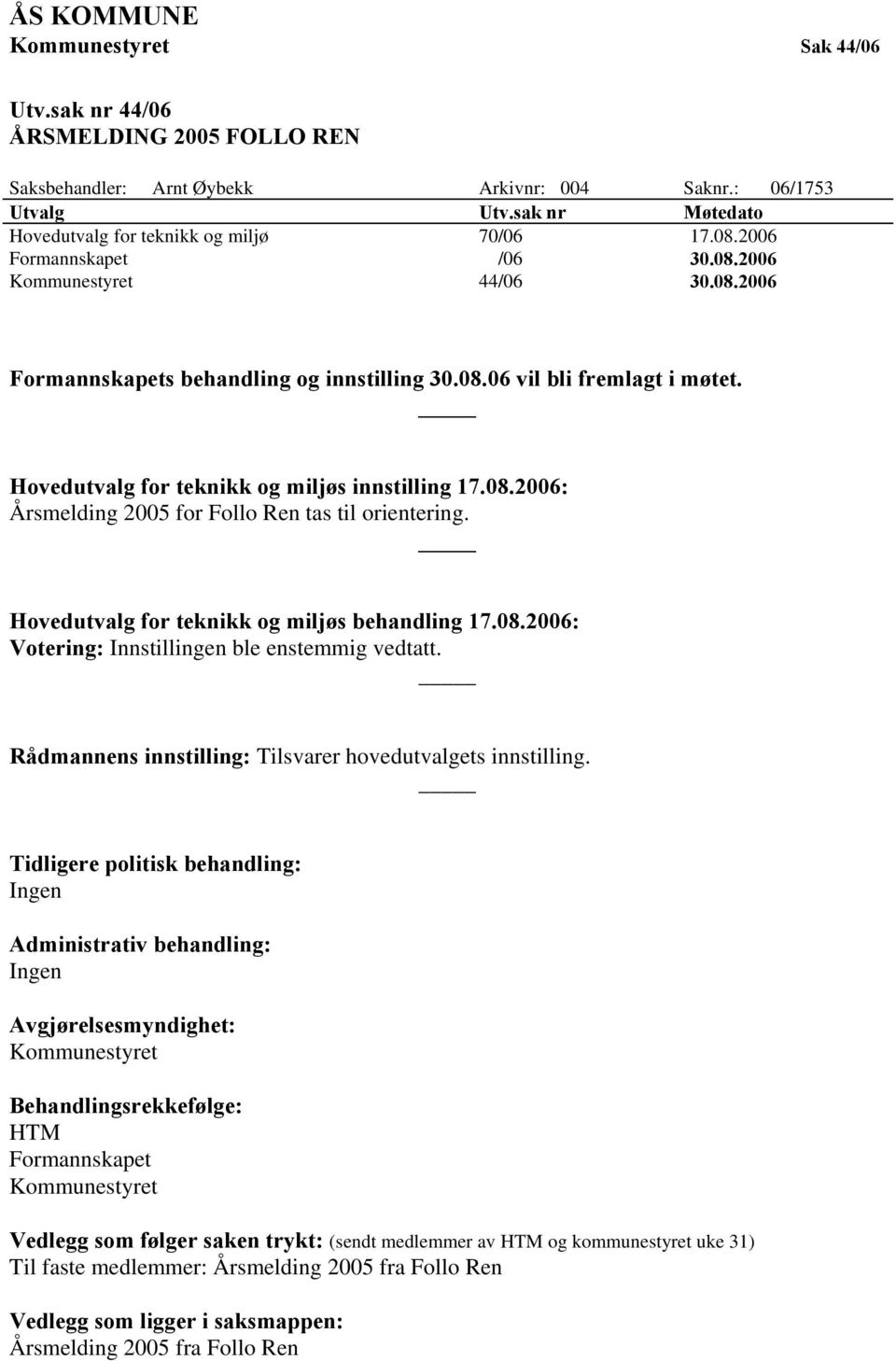 Hovedutvalg for teknikk og miljøs behandling 17.08.2006: Votering: Innstillingen ble enstemmig vedtatt. Rådmannens innstilling: Tilsvarer hovedutvalgets innstilling.