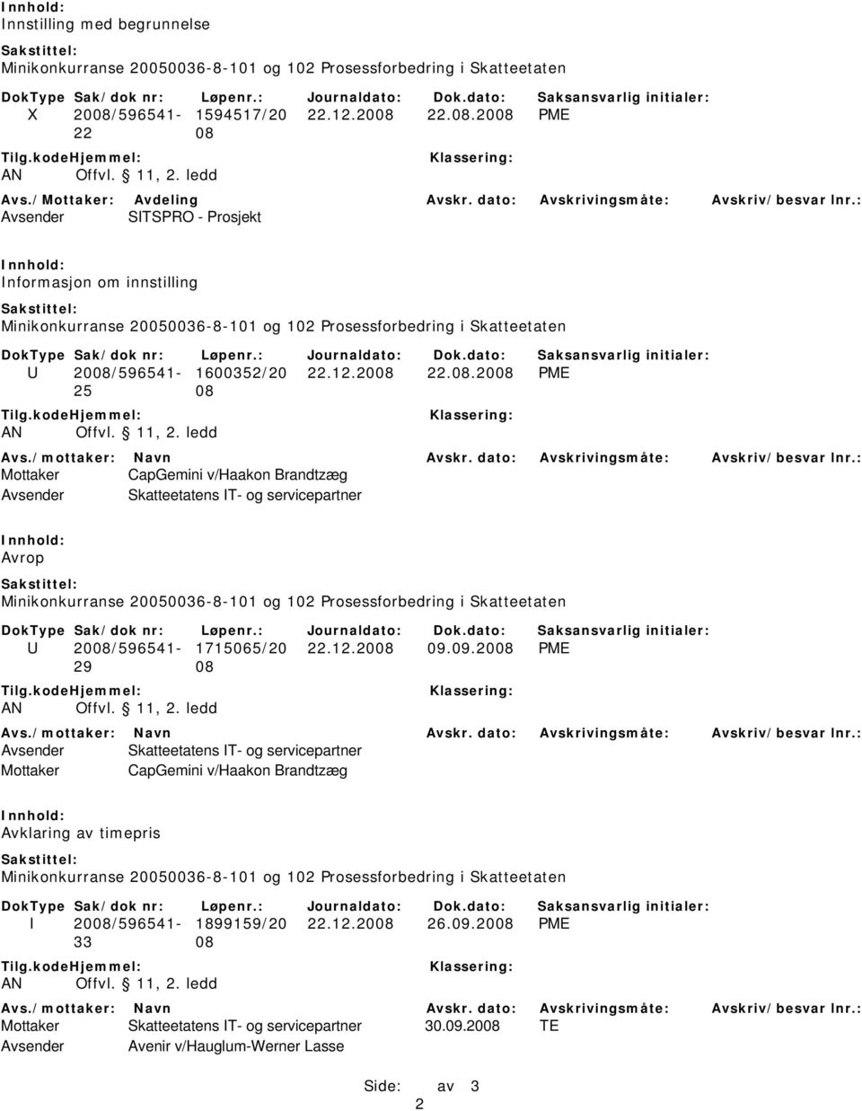 09.2008 PME 29 08 Mottaker CapGemini v/haakon Brandtzæg Avklaring av timepris I 2008/596541-1899159/20 22.12.2008 26.09.2008 PME 33 08 Mottaker Skatteetatens IT- og servicepartner 30.