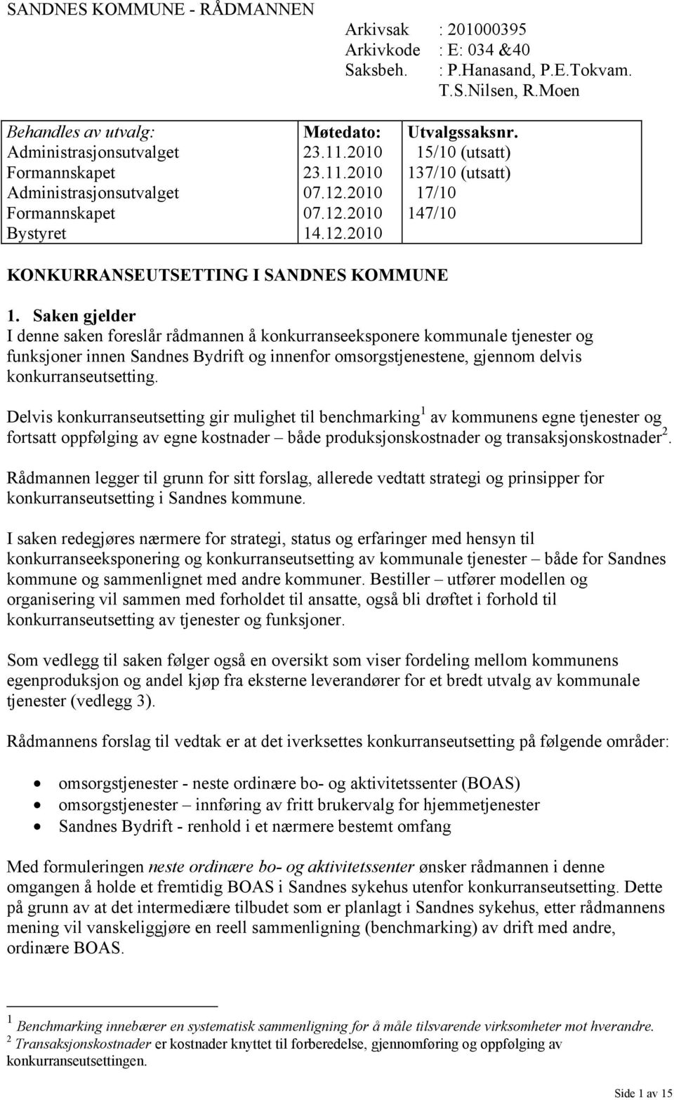 2010 07.12.2010 14.12.2010 15/10 (utsatt) 137/10 (utsatt) 17/10 147/10 KONKURRANSEUTSETTING I SANDNES KOMMUNE 1.