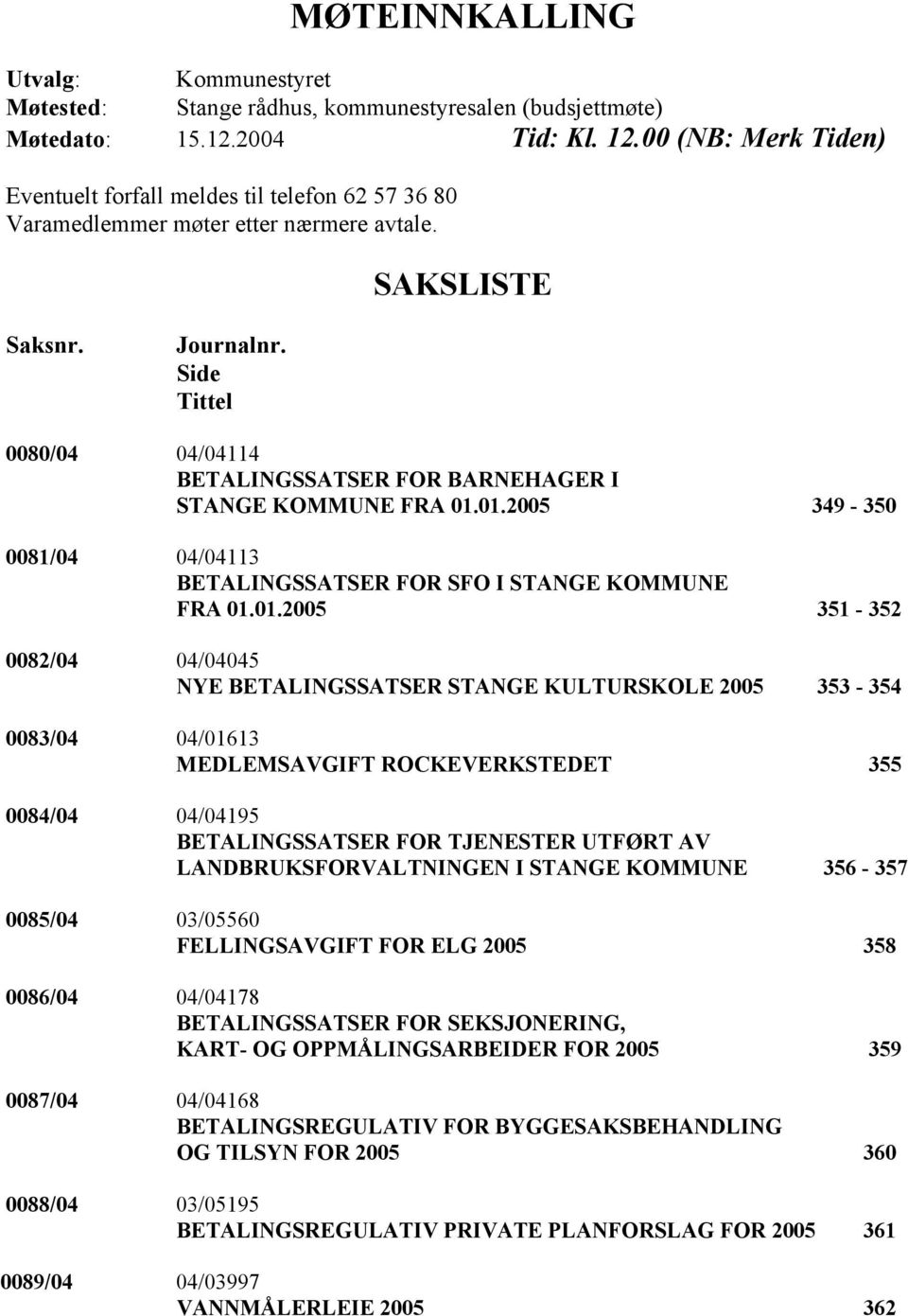 Side Tittel 0080/04 04/04114 BETALINGSSATSER FOR BARNEHAGER I STANGE KOMMUNE FRA 01.