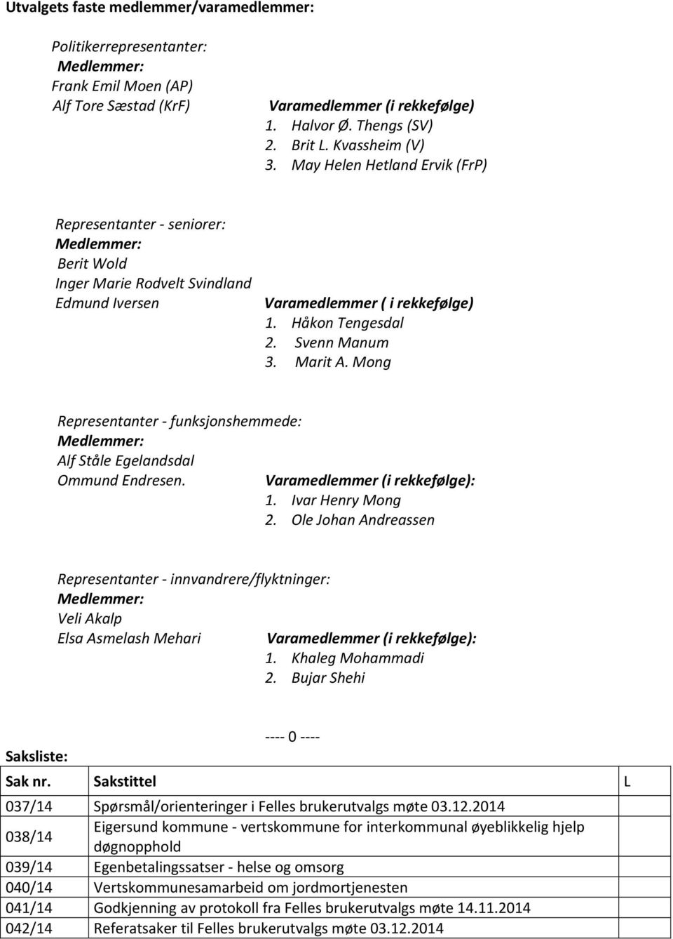 Svenn Manum 3. Marit A. Mong Representanter funksjonshemmede: Medlemmer: Alf Ståle Egelandsdal Ommund Endresen. Varamedlemmer (i rekkefølge): 1. Ivar Henry Mong 2.