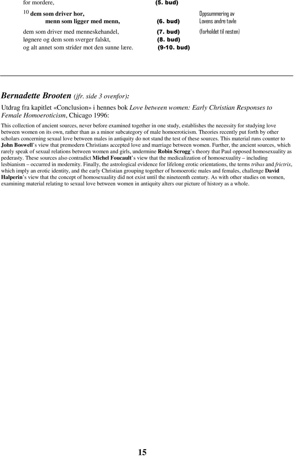 side 3 ovenfor): Utdrag fra kapitlet «Conclusion» i hennes bok Love between women: Early Christian Responses to Female Homoeroticism, Chicago 1996: This collection of ancient sources, never before