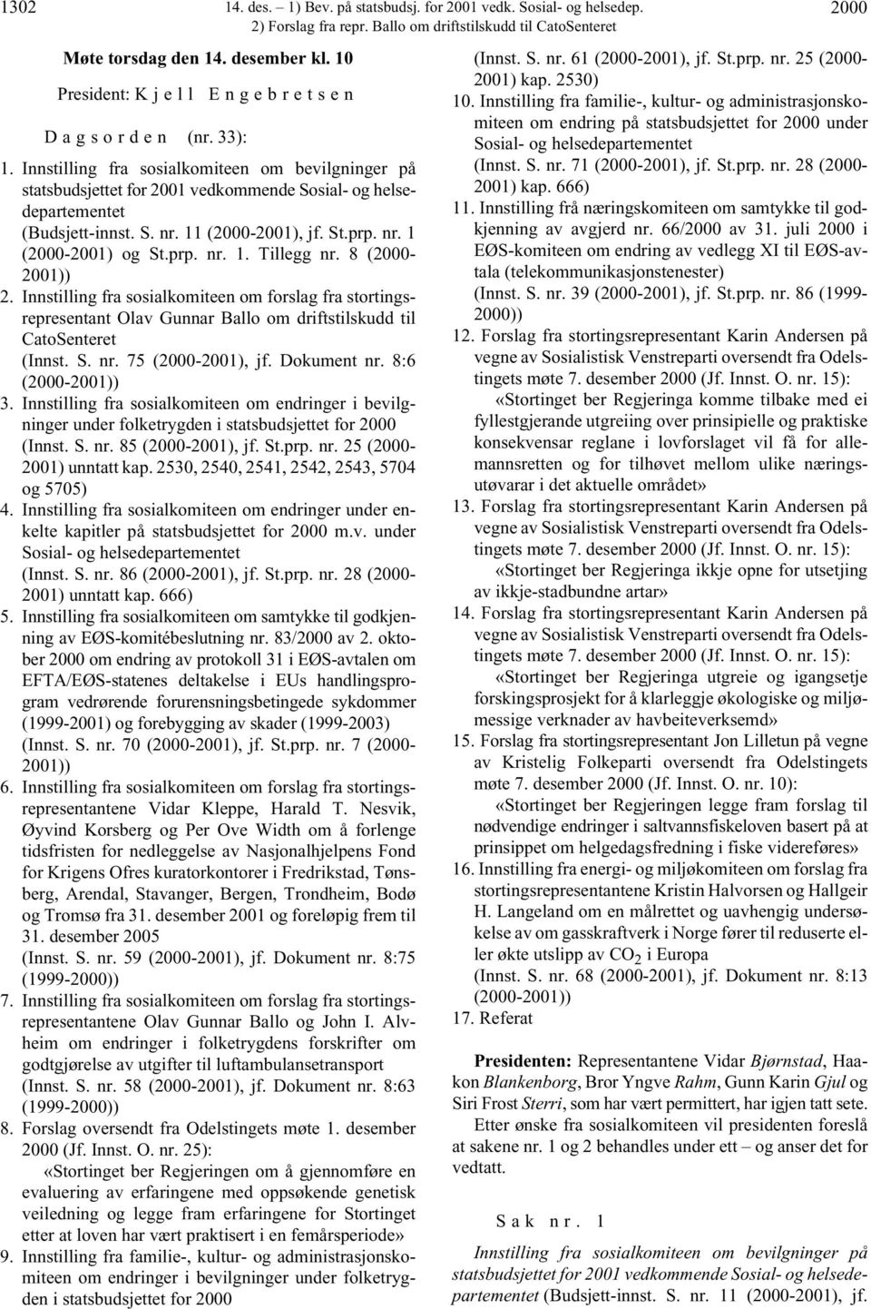 8 (2000-2001)) 2. Innstilling fra sosialkomiteen om forslag fra stortingsrepresentant Olav Gunnar Ballo om driftstilskudd til CatoSenteret (Innst. S. nr. 75 (2000-2001), jf. Dokument nr.