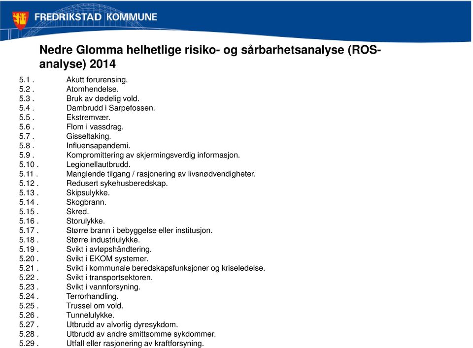 5.12. Redusert sykehusberedskap. 5.13. Skipsulykke. 5.14. Skogbrann. 5.15. Skred. 5.16. Storulykke. 5.17. Større brann i bebyggelse eller institusjon. 5.18. Større industriulykke. 5.19.