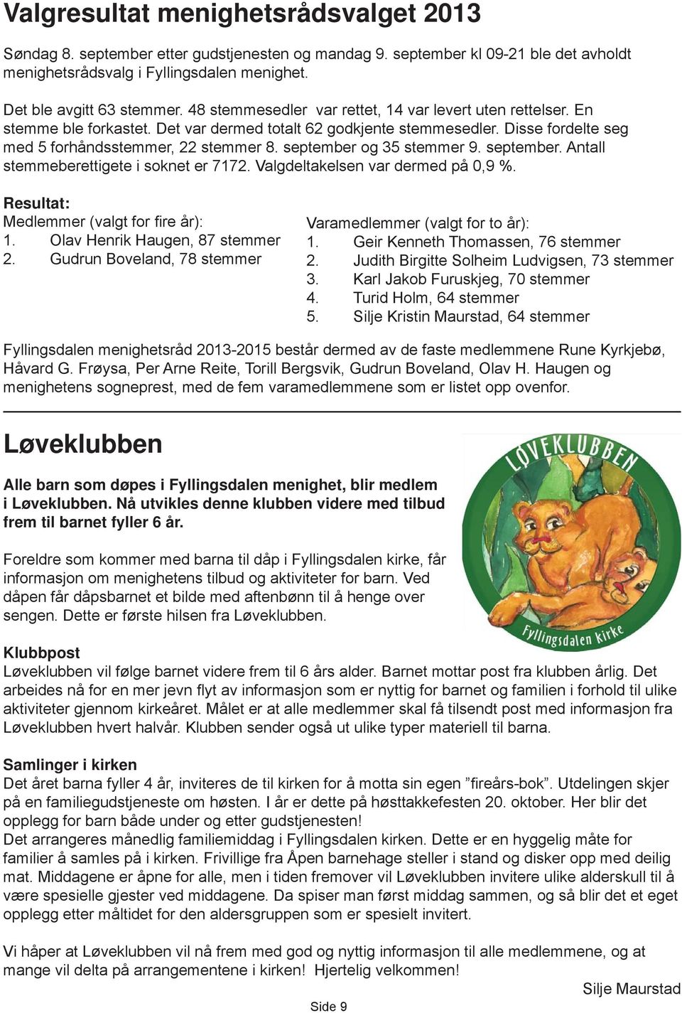 september og 35 stemmer 9. september. Antall stemmeberettigete i soknet er 7172. Valgdeltakelsen var dermed på 0,9 %. Resultat: Medlemmer (valgt for fi re år): 1. Olav Henrik Haugen, 87 stemmer 2.