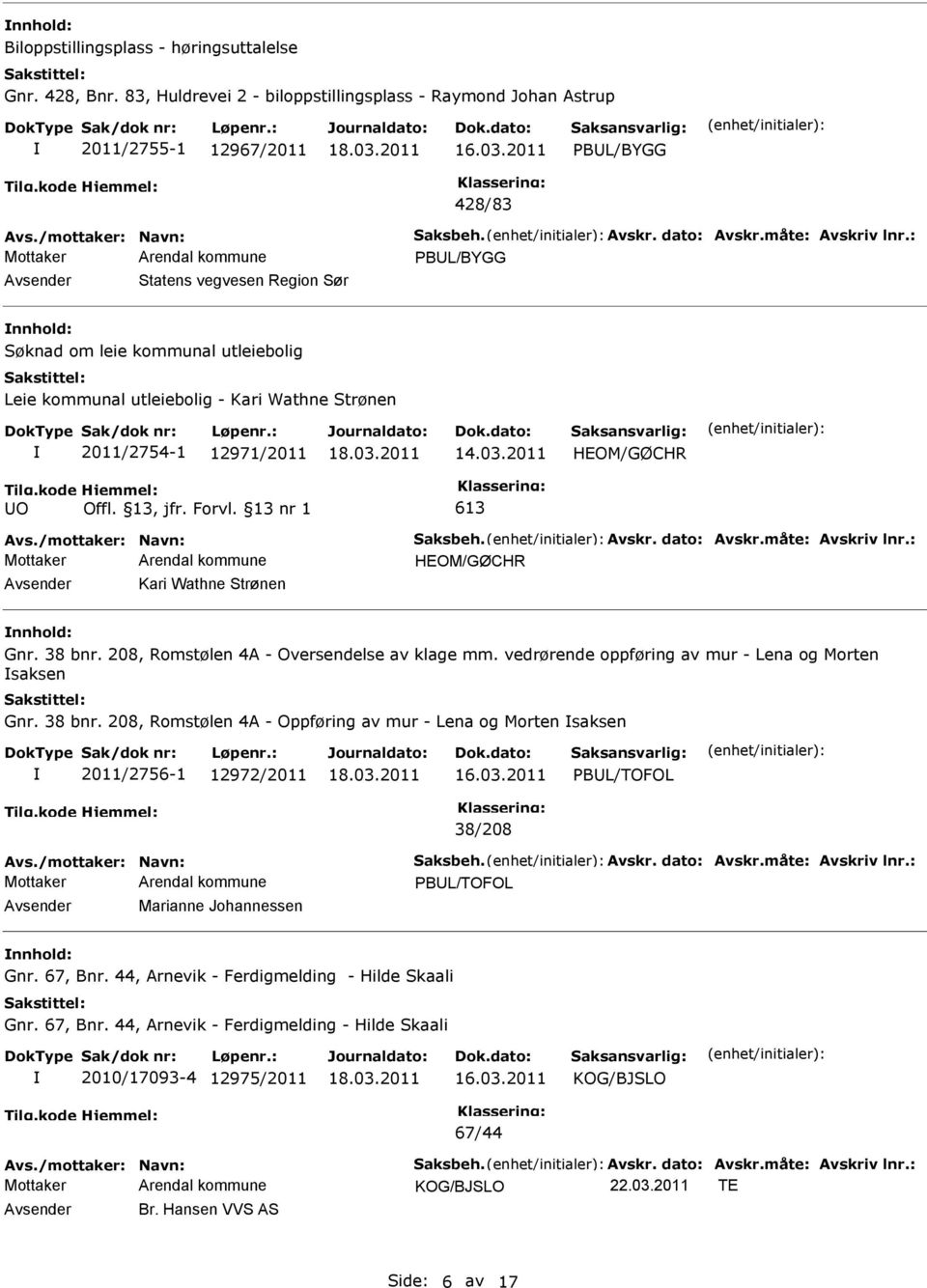 : PBUL/BYGG Avsender Statens vegvesen Region Sør nnhold: Søknad om leie kommunal utleiebolig Leie kommunal utleiebolig - Kari Wathne Strønen 2011/2754-1 12971/2011 14.03.2011 HOM/GØCHR 613 Avs.