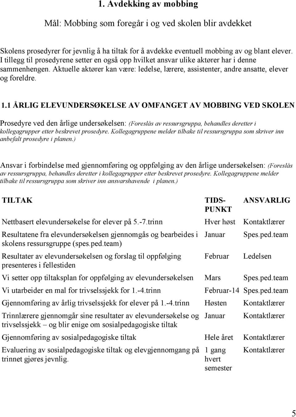 1 ÅRLIG ELEVUNDERSØKELSE AV OMFANGET AV MOBBING VED SKOLEN Prosedyre ved den årlige undersøkelsen: (Foreslås av ressursgruppa, behandles deretter i kollegagrupper etter beskrevet prosedyre.