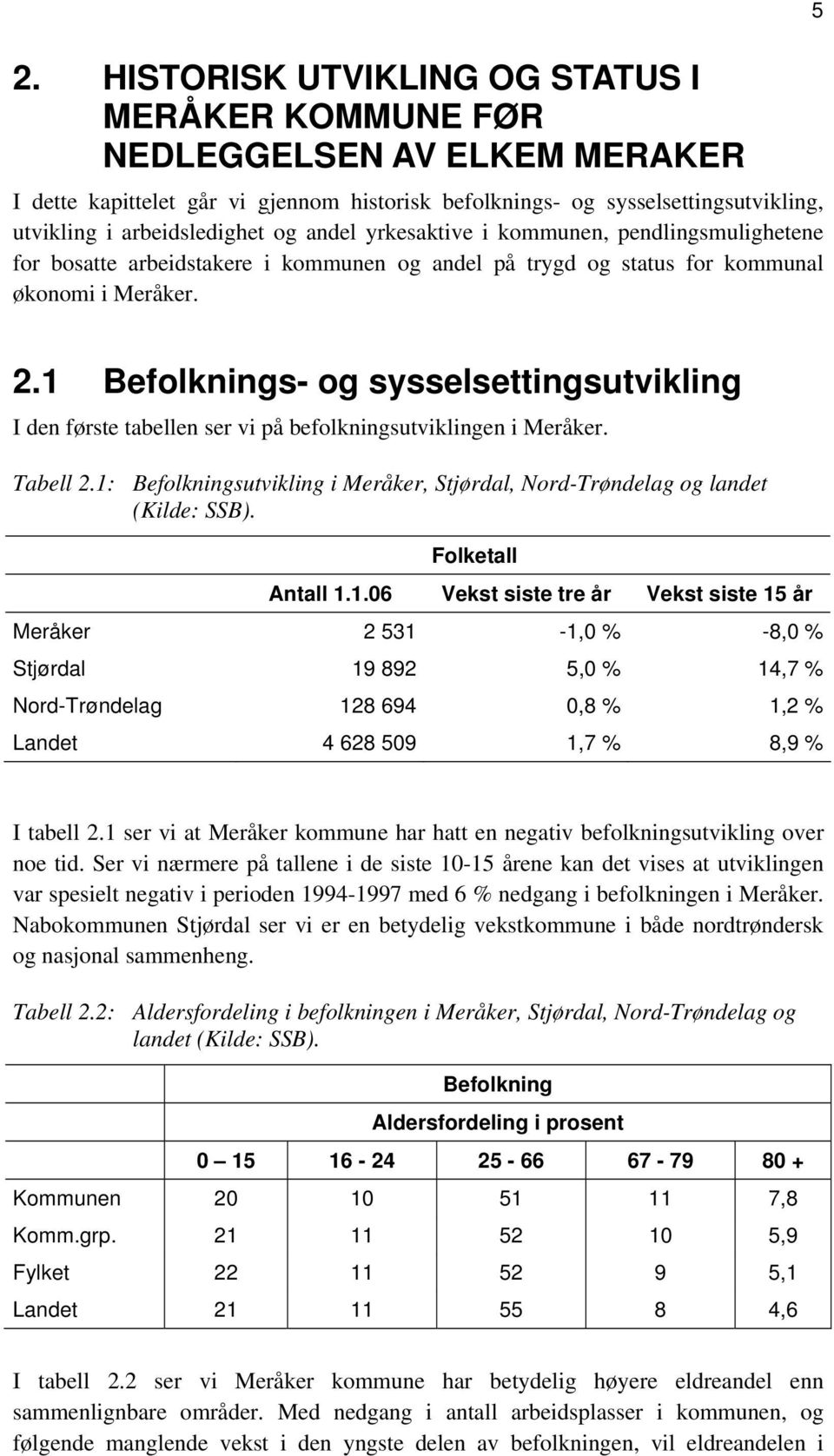 1 Befolknings- og sysselsettingsutvikling I den første tabellen ser vi på befolkningsutviklingen i Meråker. Tabell 2.1: Befolkningsutvikling i Meråker, Stjørdal, Nord-Trøndelag og landet (Kilde: SSB).